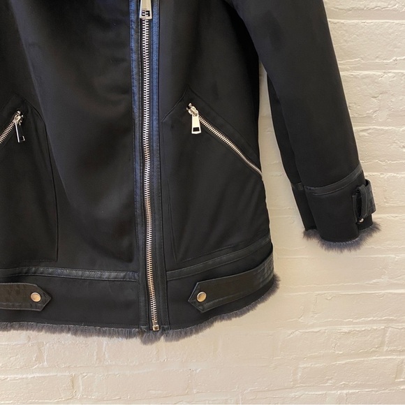 Zara || Double Faced Aviator Biker Moto Jacket Faux Suede Fur Black Gray - Picture 4 of 8